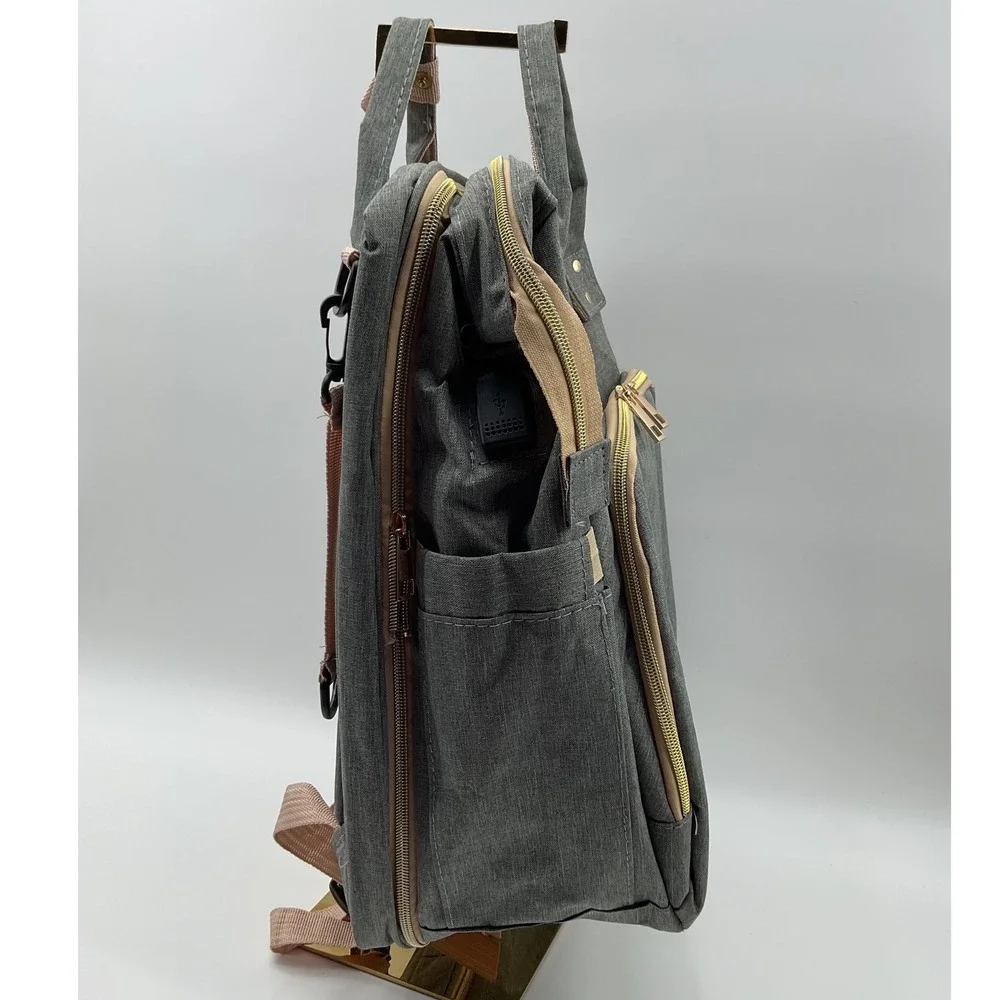 Diaper Bag Backpack with‎ USB Port Gold Hardware Stroller Straps Heathered